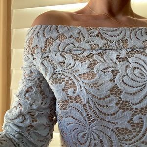 Off the shoulder long sleeve baby blue lace blouse